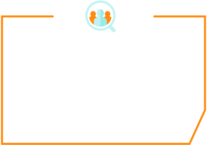 Eine einfache Grafik mit einem orangefarbenen Rand an zwei Ecken und einem Vergrößerungsglas-Symbol oben in der Mitte, in dem sich drei stilisierte menschliche Figuren befinden. Der Hintergrund ist weiß.